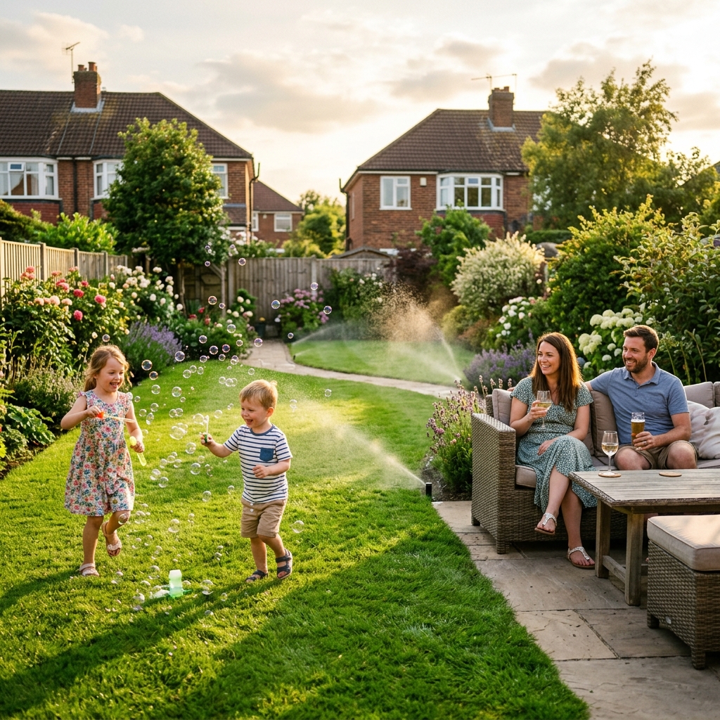Automatic lawn sprinkler system watering a green UK garden, 2024 review.