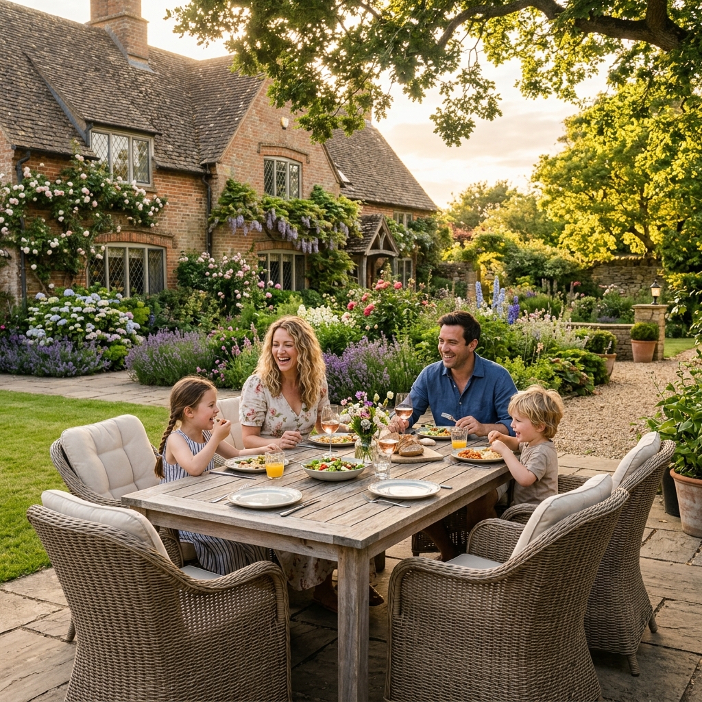 Rattan & wood garden furniture sets UK - stylish outdoor dining & lounging.