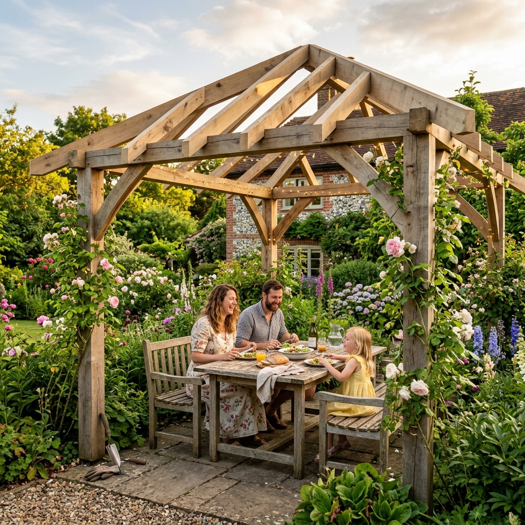 UK pergola build guide: finished wooden pergola in a garden, 2024.