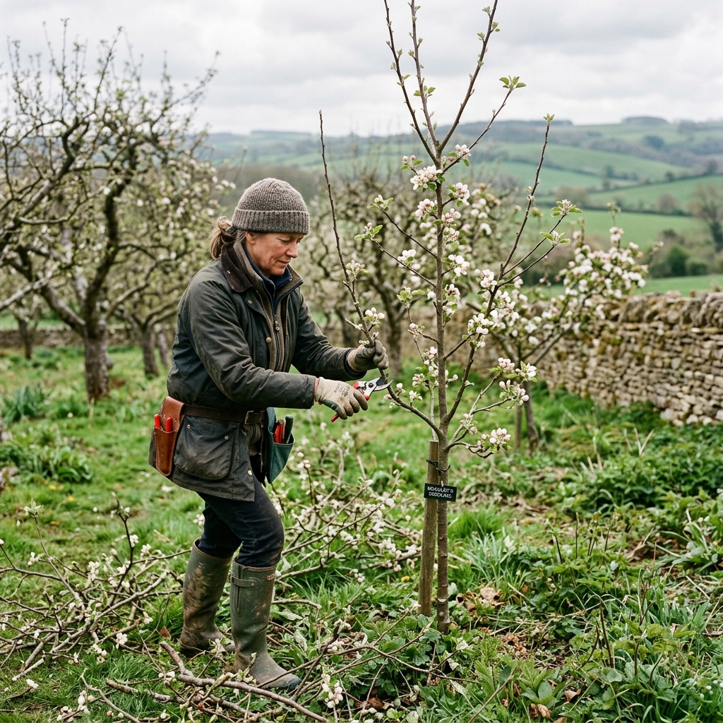 Pruning fruit trees UK 2026: Gardener trimming apple tree branches.