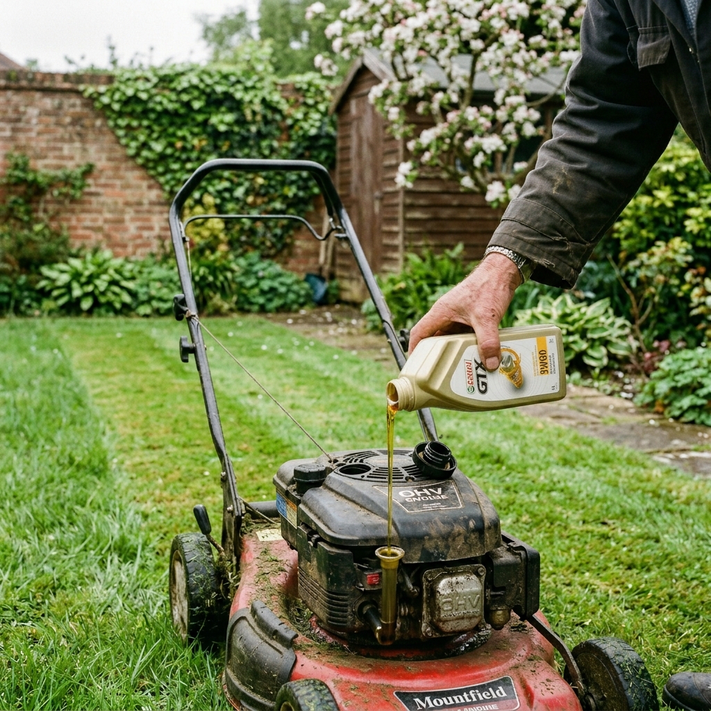Lawn mower oil change UK guide – checking oil level before change.