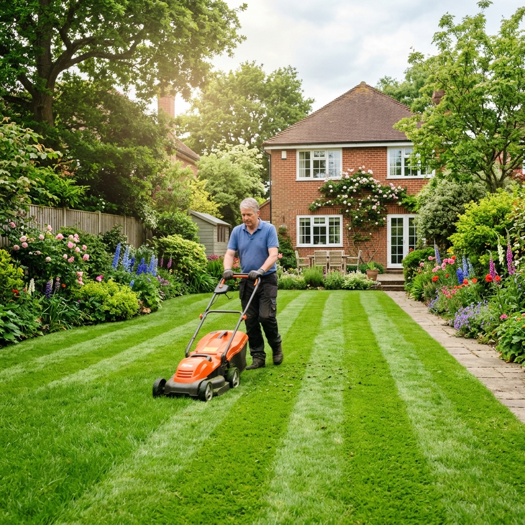Lawn weed and feed application UK, green healthy grass spring 2026.