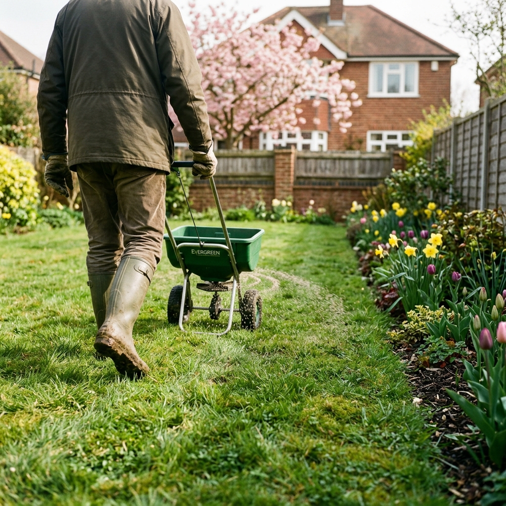 Lawn weed and feed application for a healthy green lawn UK, Spring 2026.
