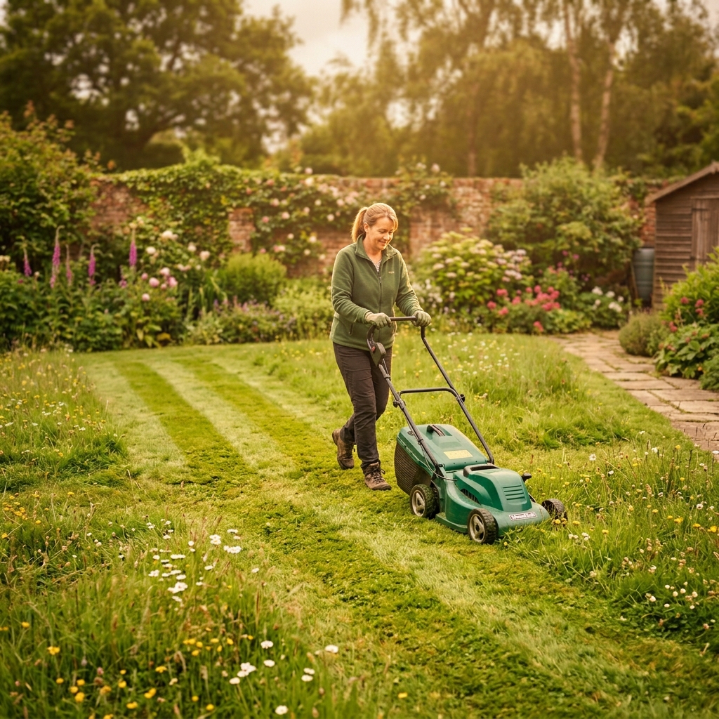 Lawnmower cutting bumpy UK lawn, smooth finish guaranteed 2024.