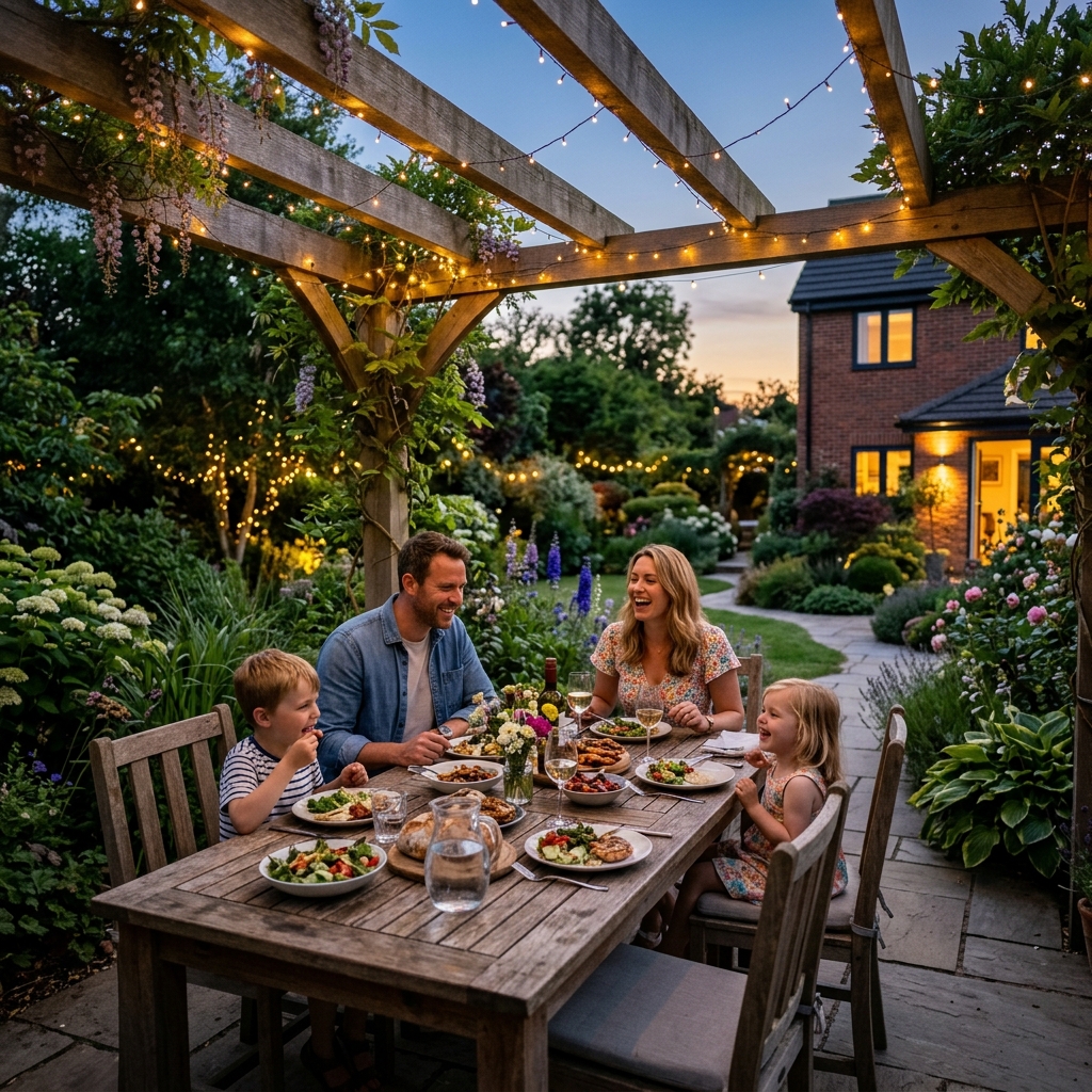 String lights illuminating a UK garden, outdoor lighting guide 2026.