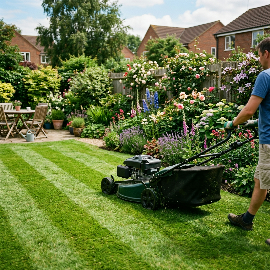 Self-propelled lawn mower cutting striped green lawn in UK garden