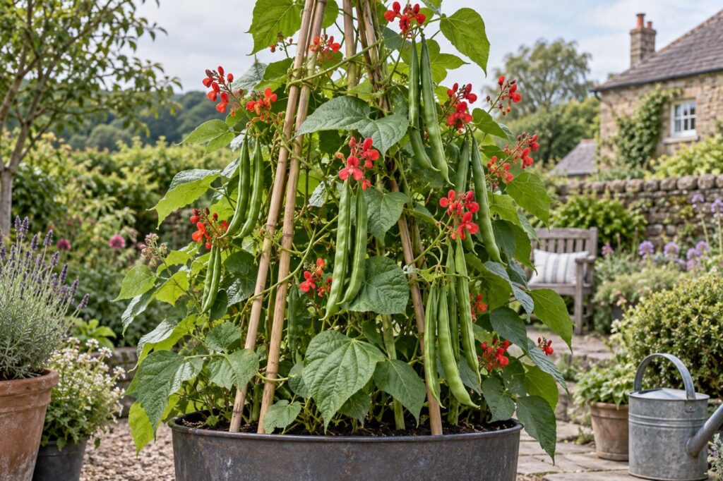 Illustration of runner beans climbing a stable cane frame in a large garden container