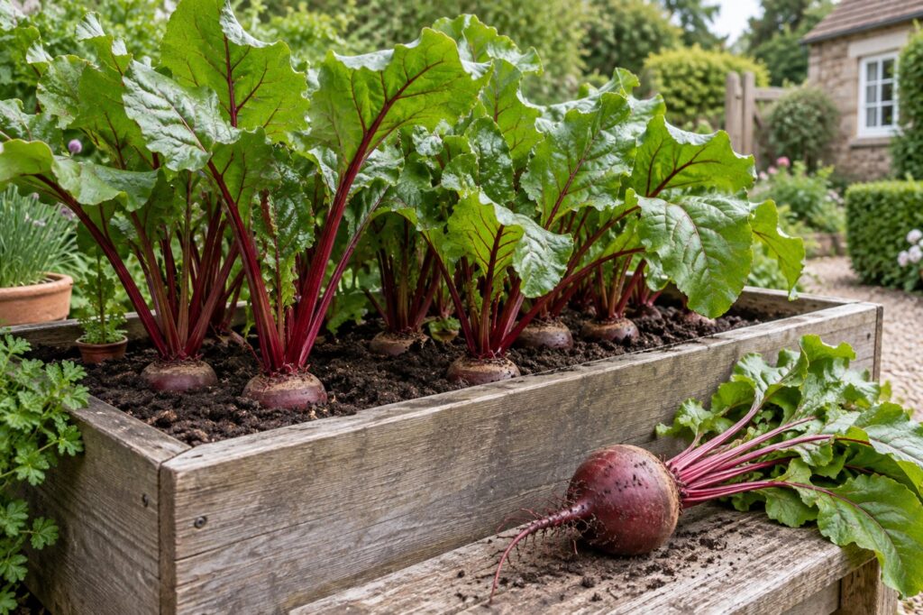 Illustration of beetroot growing in a deep garden container