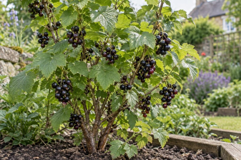 Illustration of blackcurrants ripening on a garden shrub
