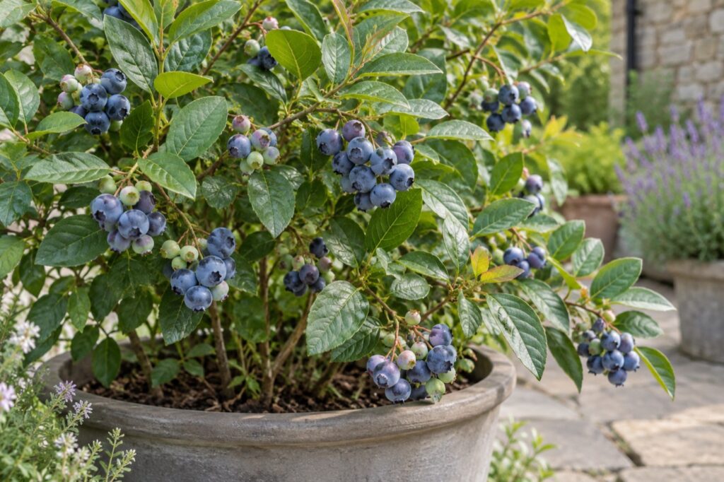 Illustration of blueberries on a shrub growing in a container