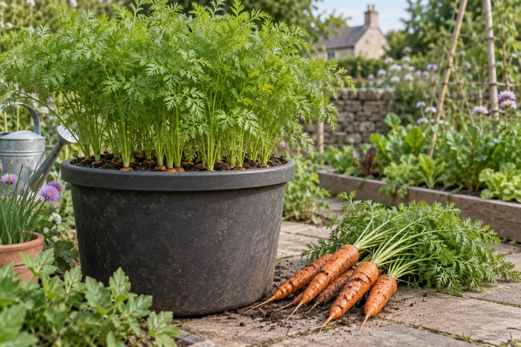 Illustration of carrots growing in a deep container beside a small fresh harvest