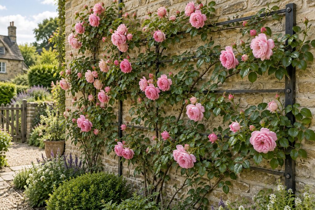Illustration of a climbing rose trained along a garden support