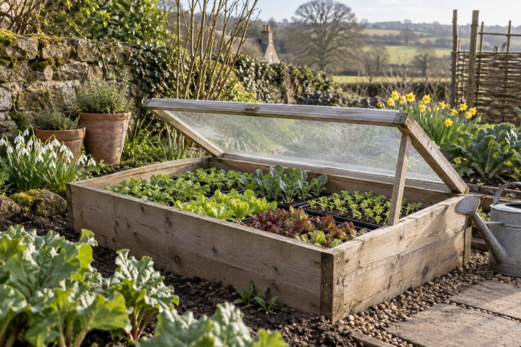 Illustration of young plants protected by an open cold frame