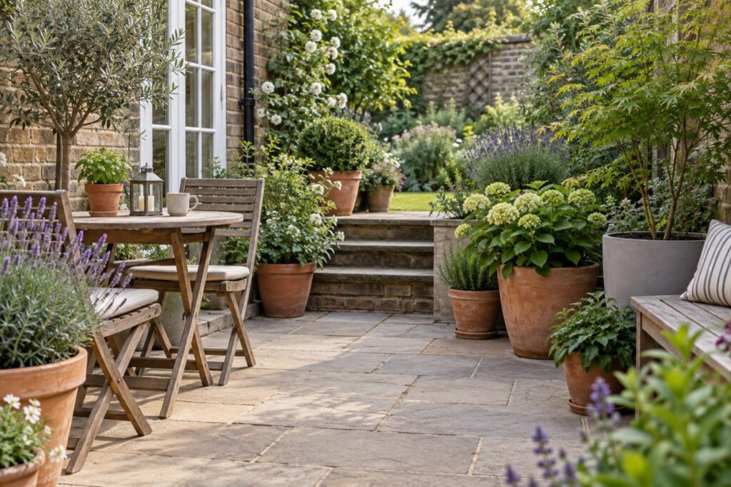 Illustration of a patio with a variety of planted containers
