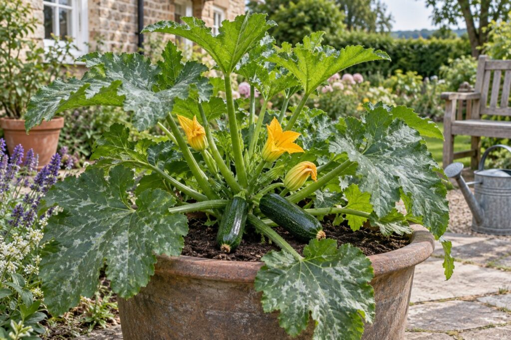 Illustration of a courgette plant growing in a large container