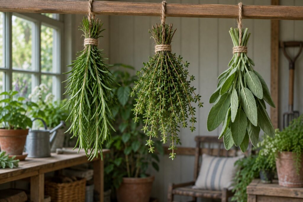 Illustration of small herb bundles drying in a shaded ventilated room