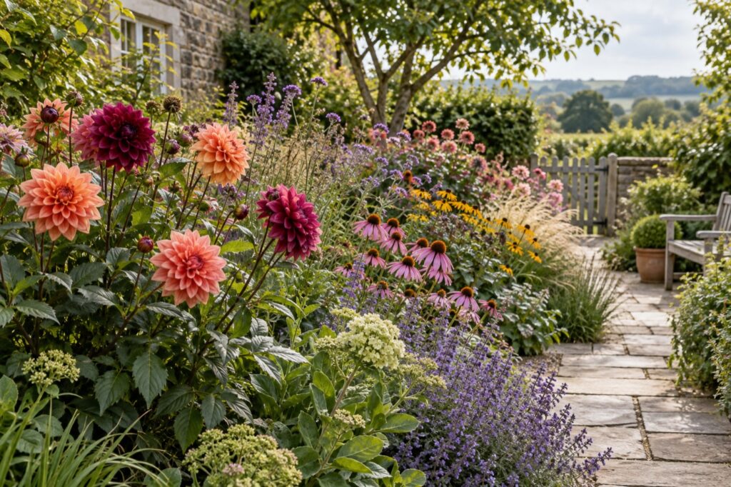 Illustration of a colourful dahlia border in a British garden
