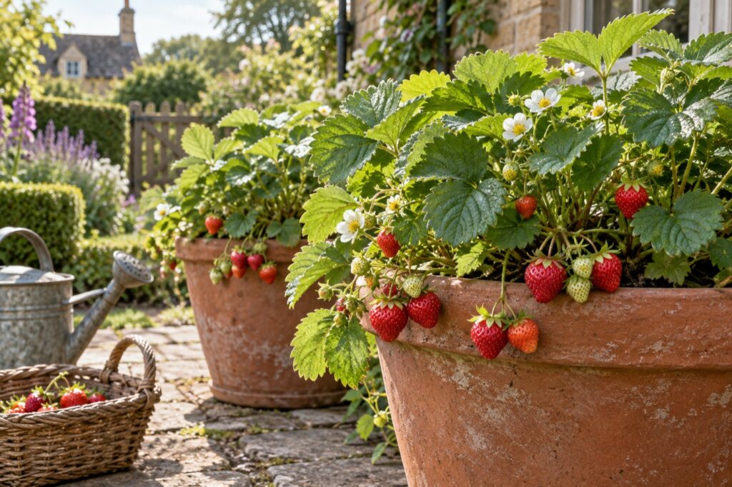 Illustration of strawberries growing in terracotta pots