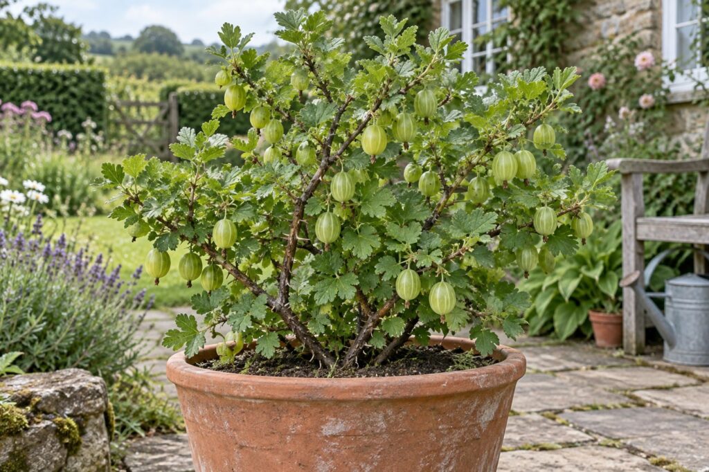 Illustration of gooseberries ripening on a shrub in a large container