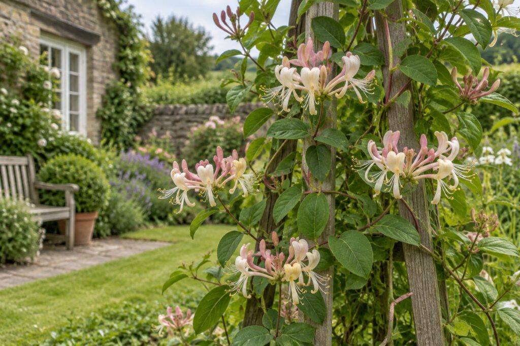 Illustration of honeysuckle flowers climbing a garden support