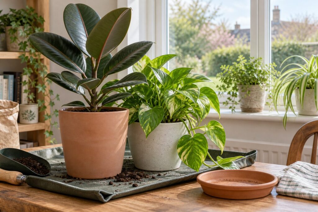 Illustration of potted houseplants beside a bright indoor window