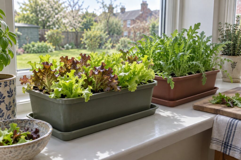 Illustration of young salad leaves growing in containers on a bright windowsill