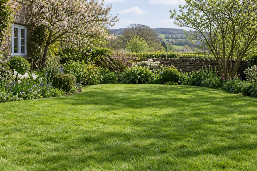 Illustration of a lawn surrounded by spring garden borders