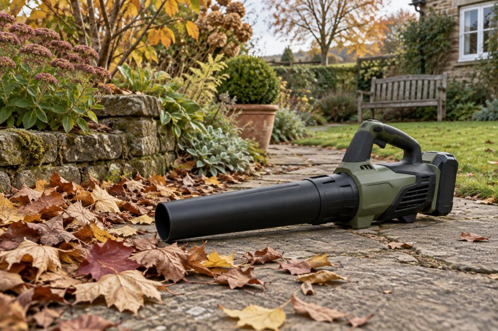 Illustration of an unbranded cordless leaf blower beside fallen leaves on a garden path