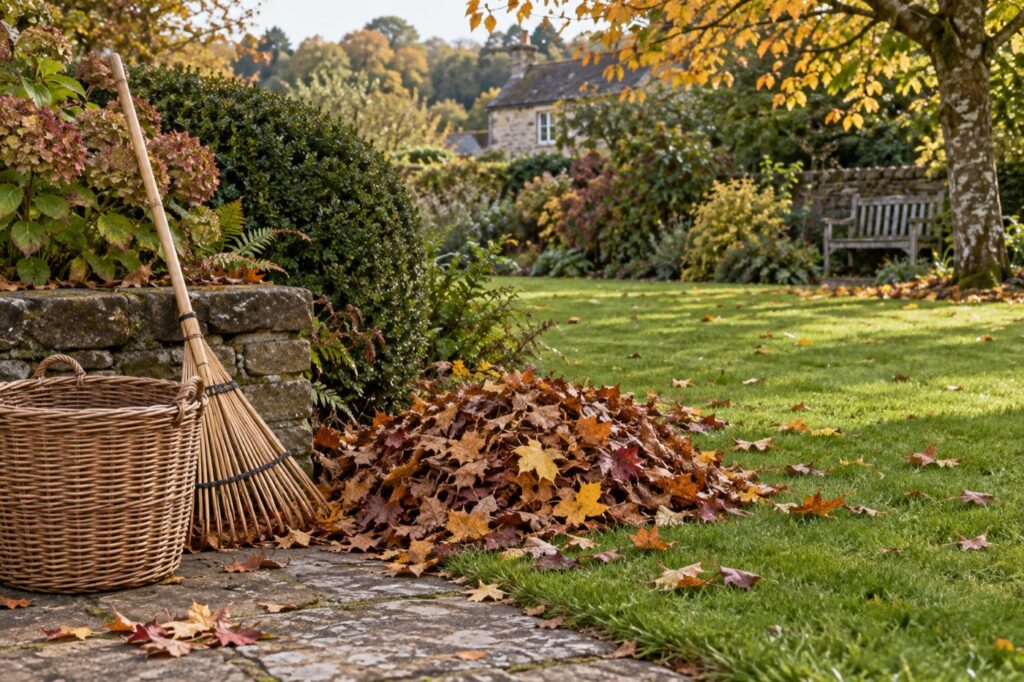 Illustration of autumn leaves collected beside a garden rake
