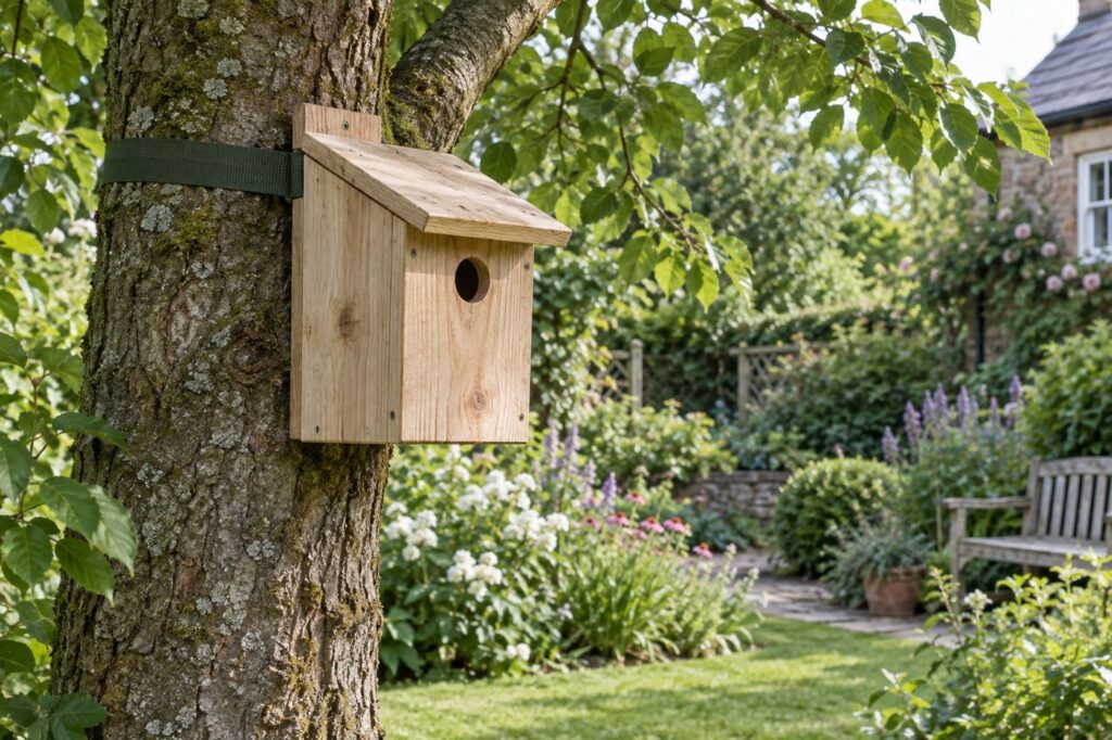 Illustration of a plain wooden bird nest box mounted securely on a garden tree