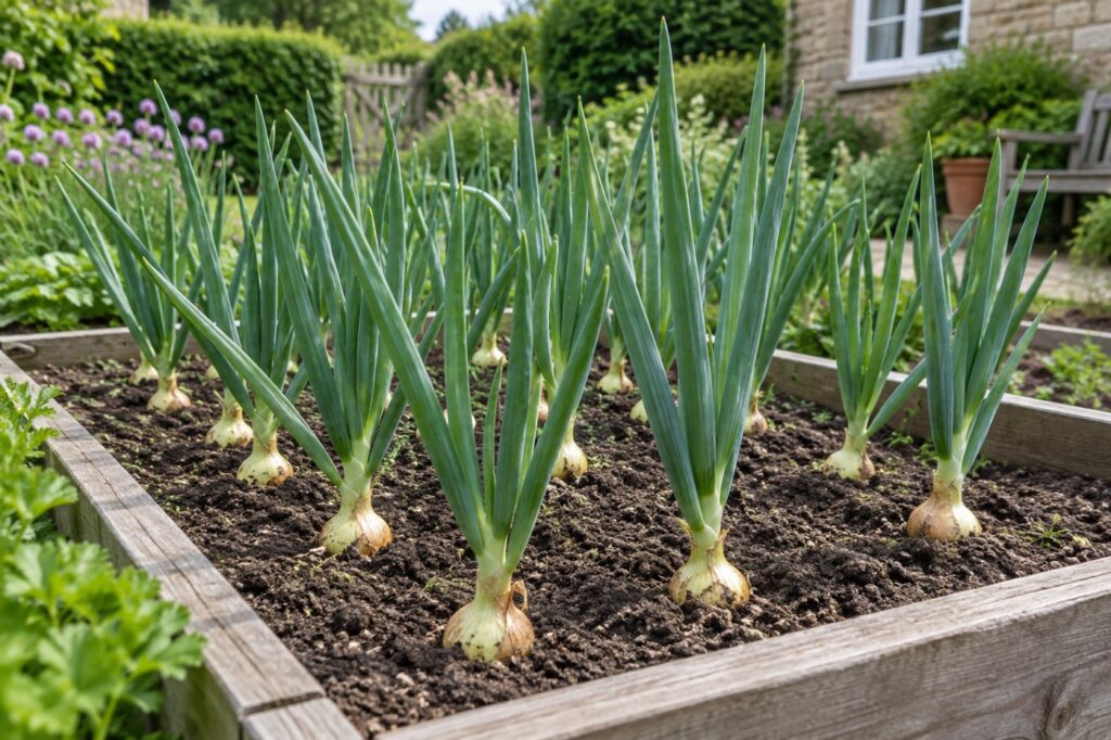 Illustration of onions growing in rows in a small vegetable bed