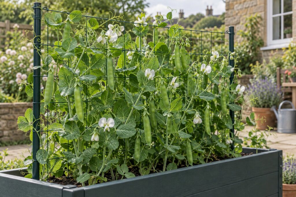 Illustration of pea plants climbing mesh above a garden container