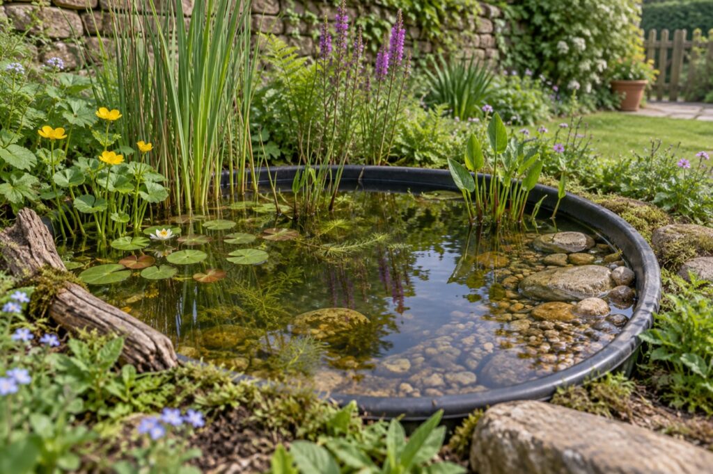 Illustration of a small container wildlife pond with a sloping edge