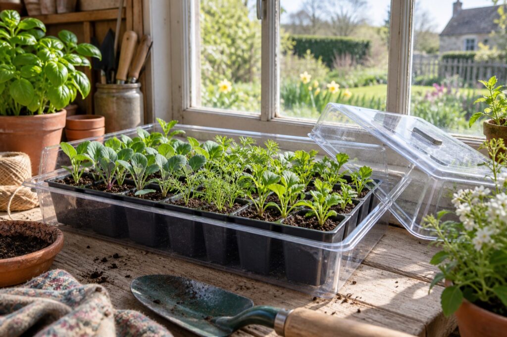 Illustration of seedlings in module trays on a bright windowsill