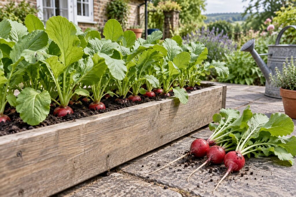 Illustration of radishes growing in a container beside a small fresh harvest