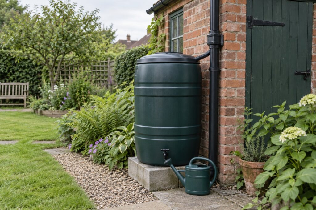 Illustration of a covered rainwater butt beside a brick shed