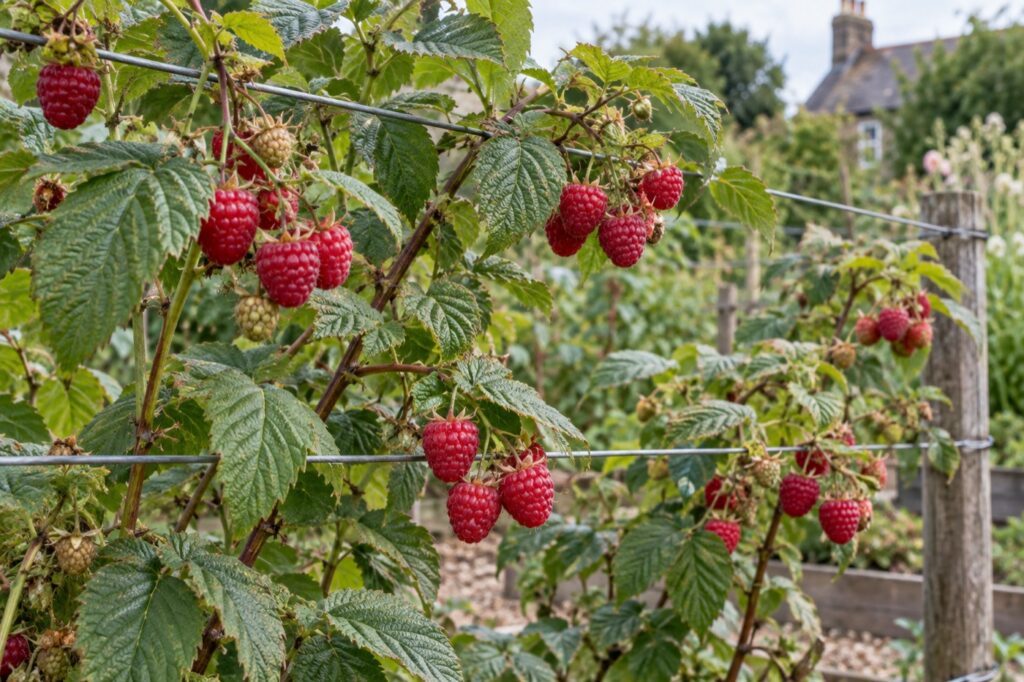 Illustration of raspberries on supported canes