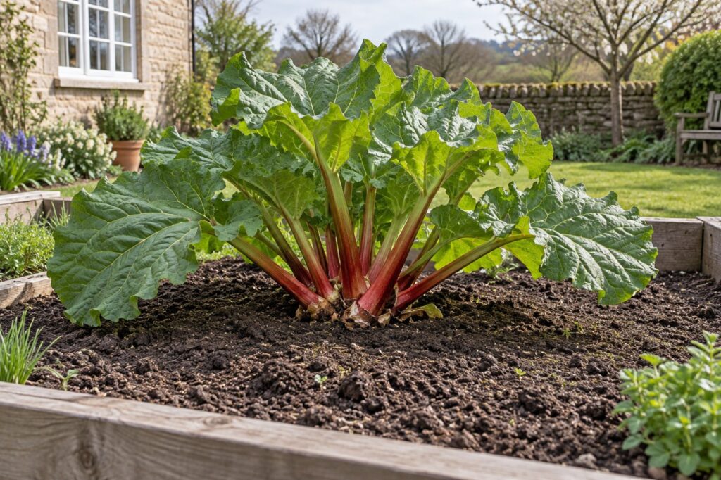 Illustration of rhubarb growing with room around its crown in a raised bed