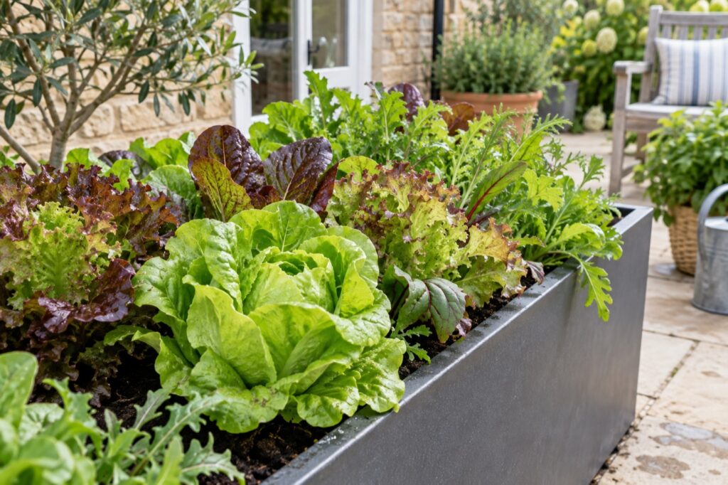 Illustration of leafy salad crops in a raised wooden planter