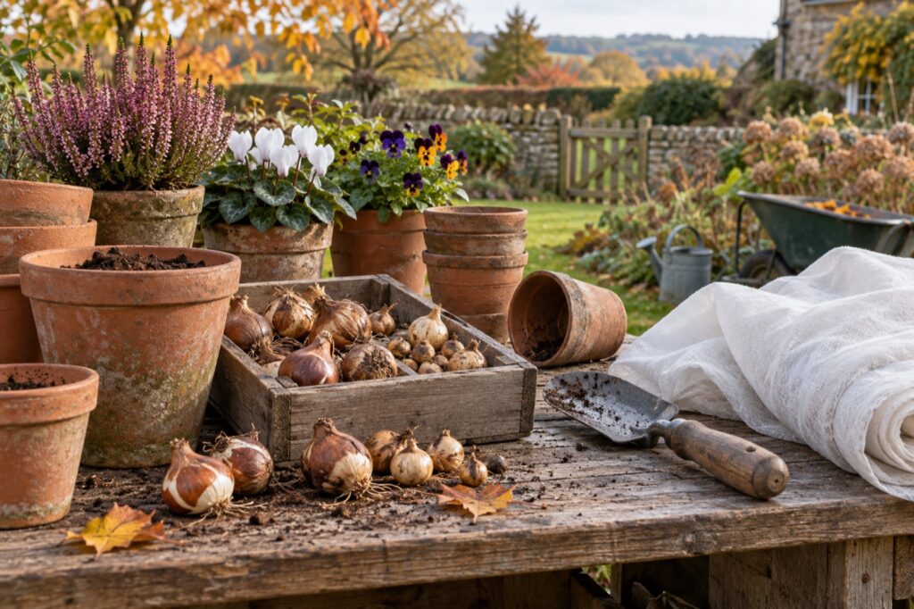 Illustration of flower bulbs, pots and fleece on an autumn potting bench