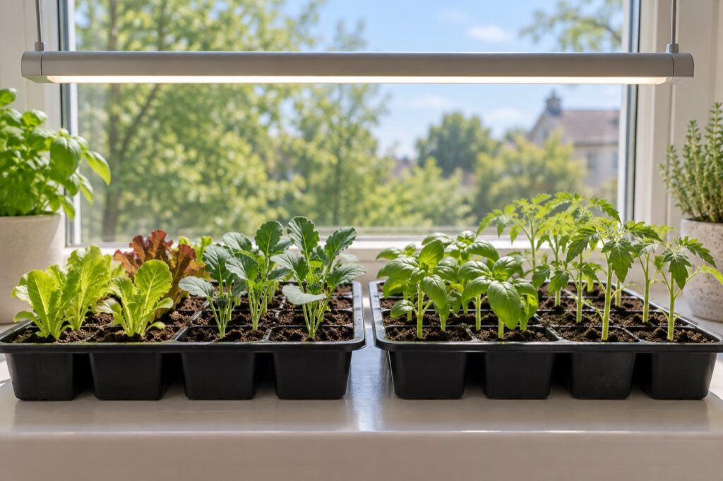 Illustration of seedlings on a windowsill beneath a grow light