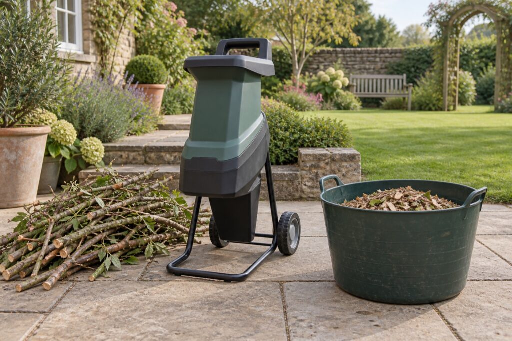Illustration of an unbranded garden shredder beside woody prunings