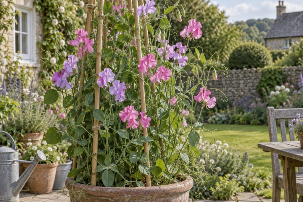 Illustration of flowering sweet peas climbing canes in a large container