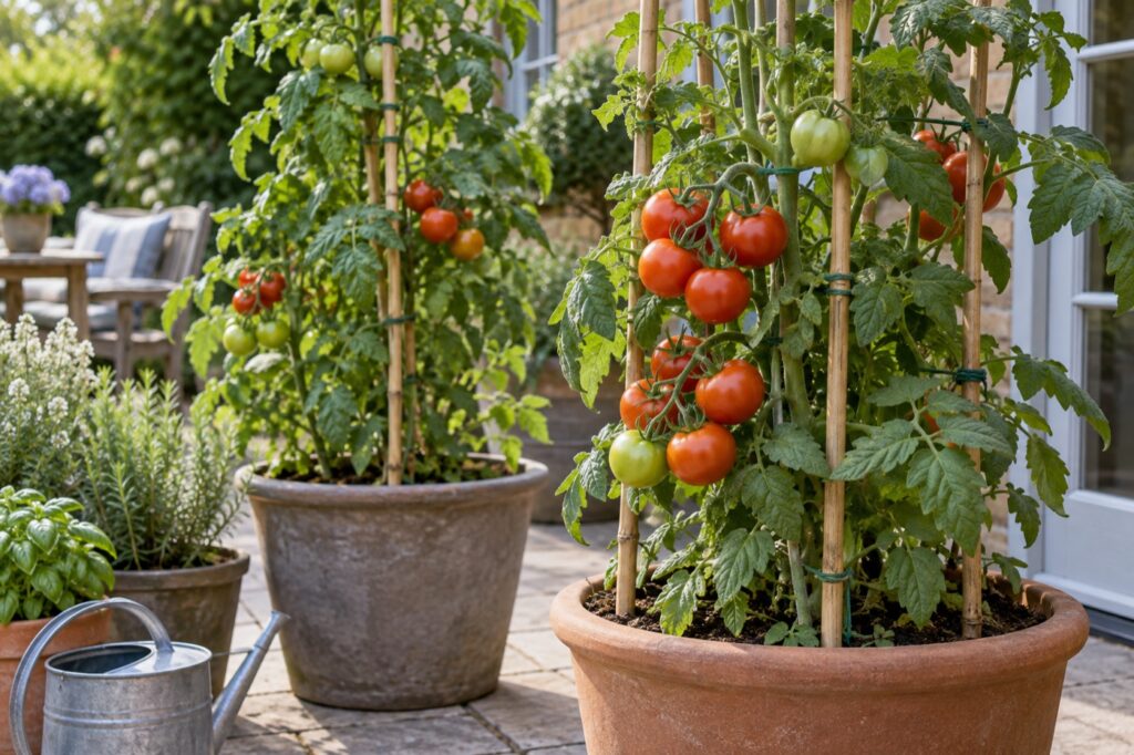 Illustration of tomato plants in pots with bamboo supports