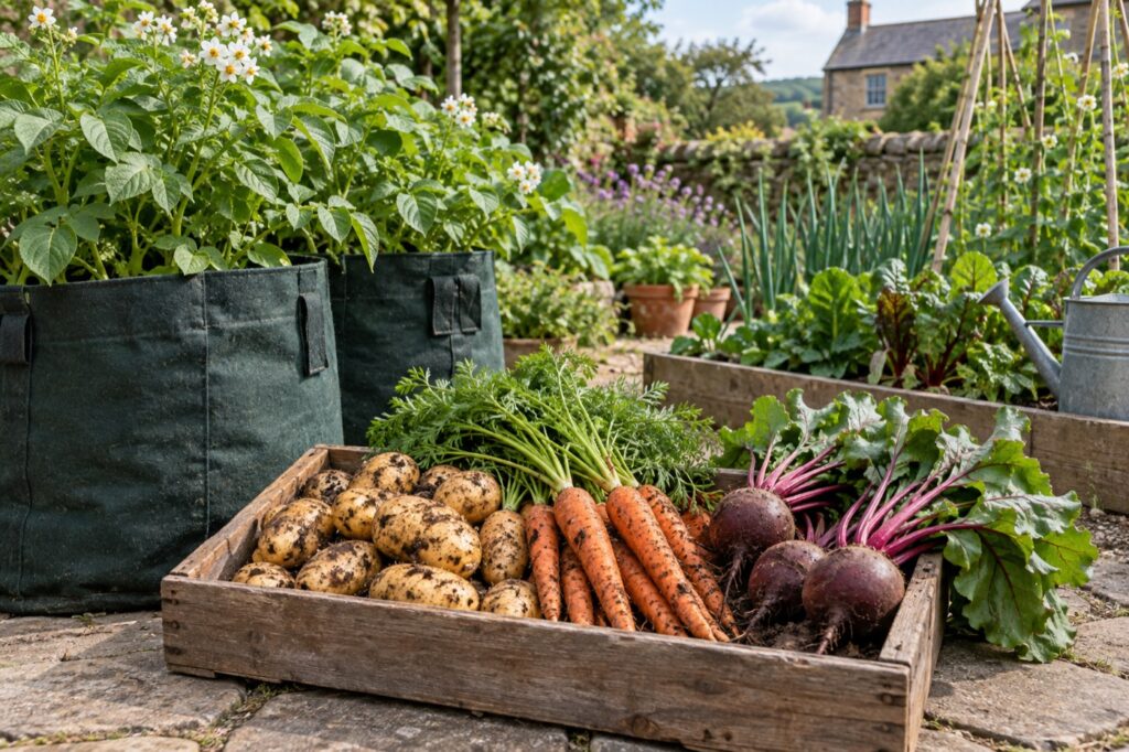 Illustration of potato grow bags and a basket of harvested vegetables