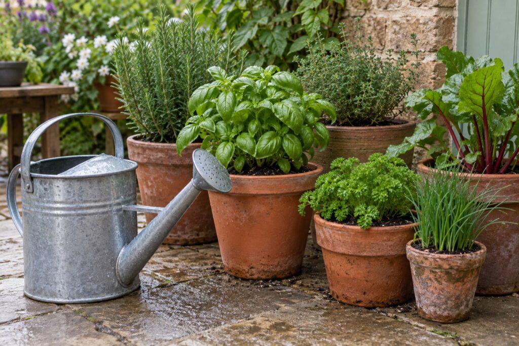 Illustration of a watering can beside pots of herbs