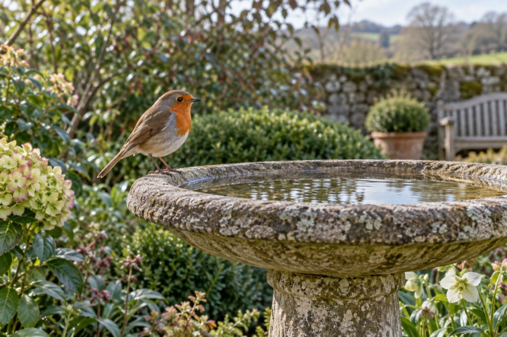 Illustration of a robin at a shallow stone bird bath