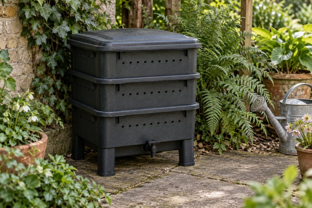 Illustration of a stackable tray wormery in a sheltered garden corner